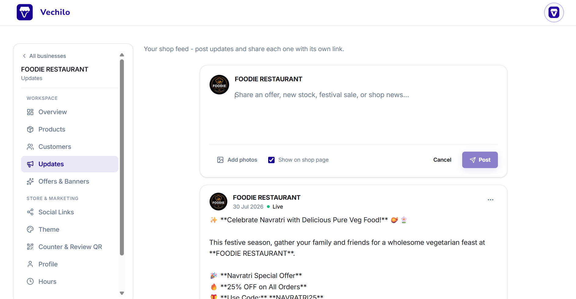 Updates screen with a post composer offering Add photos and Show on shop page, above a published festival offer post