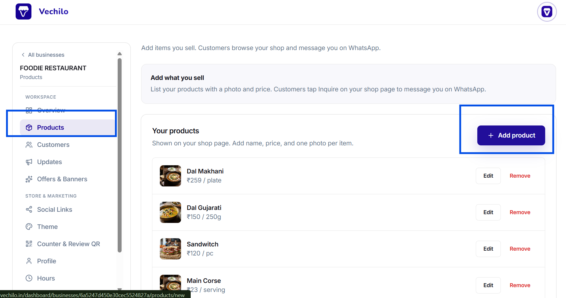 Products screen listing items with photos, prices and per unit pricing, with the Add product button highlighted