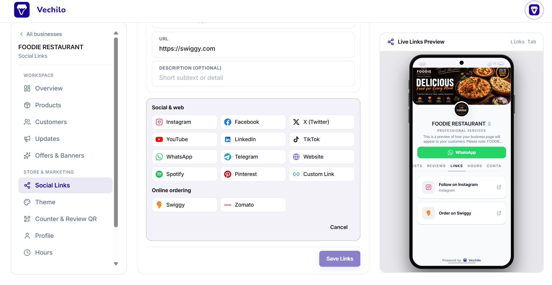 Social Links screen with the platform picker showing social and web options above online ordering, and a live phone preview on the right