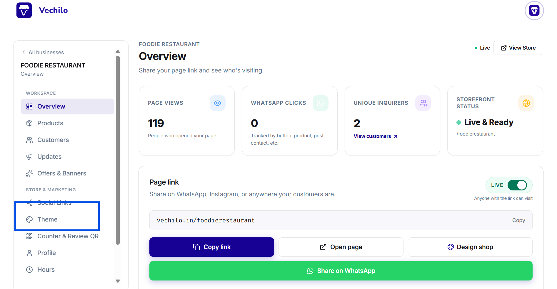 Sidebar with Theme highlighted, next to the Overview screen
