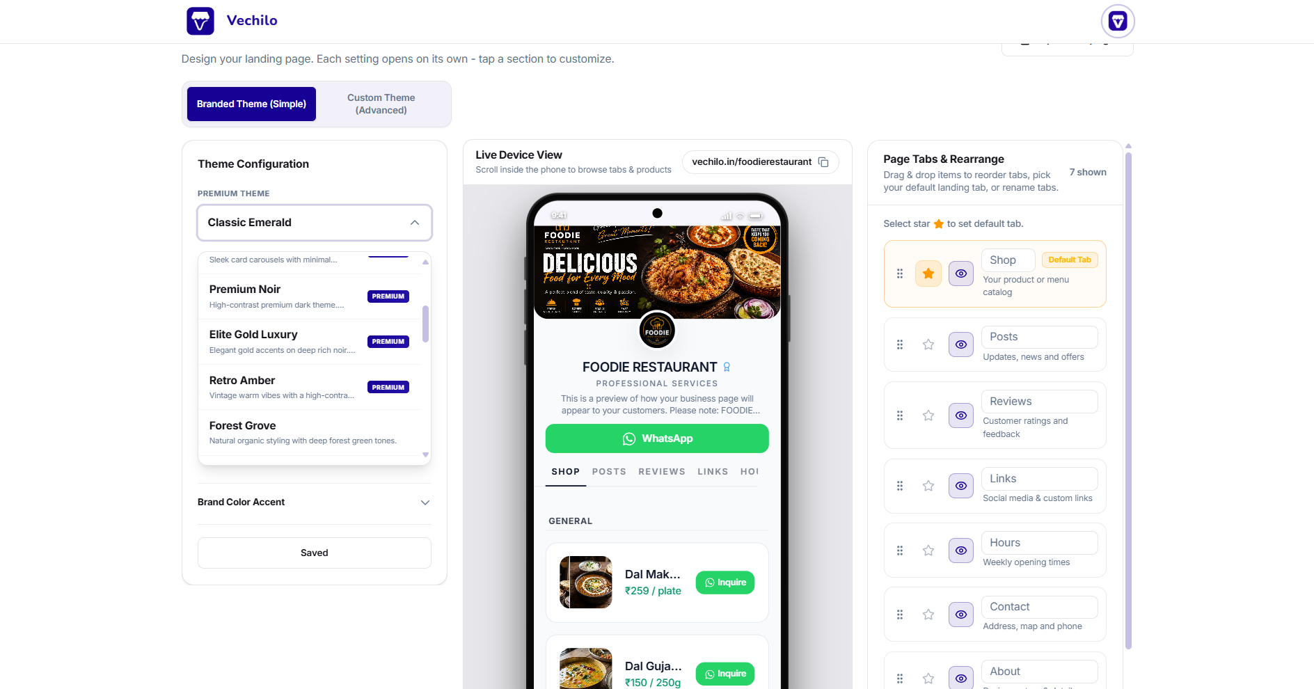 Theme configuration with a premium theme list, a live phone preview, and the page tabs panel on the right