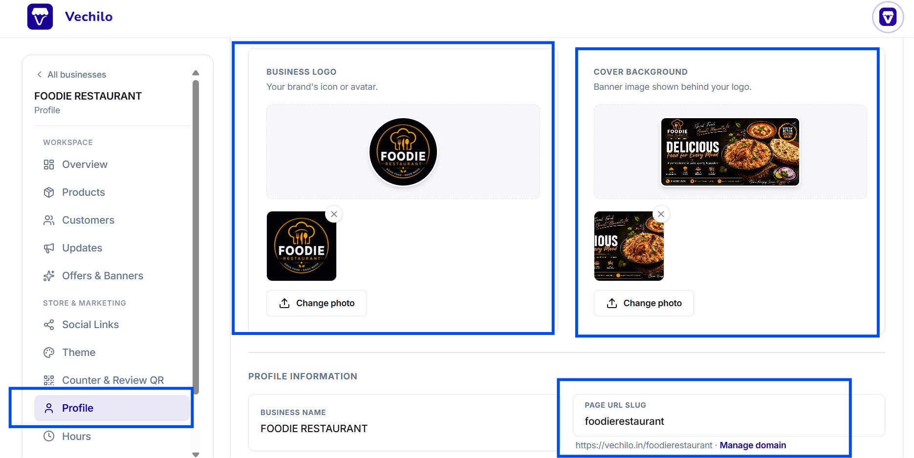 Profile screen showing the business logo and cover background upload areas, with the page URL slug field below